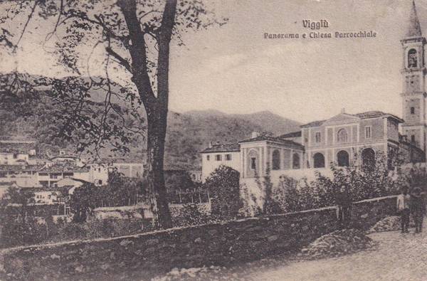 Cartolina Viggiù' (Varese). Panorama e Chiesa parrocchiale. 1918