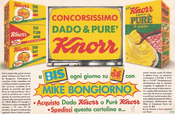*Cartolina "Concorsissimo dado & purè KNORR" Mike Bongiorno 1986