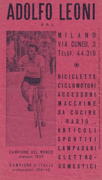 Volantino ADOLFO LEONI s.r.l. (ciclismo) - Milano. 1951