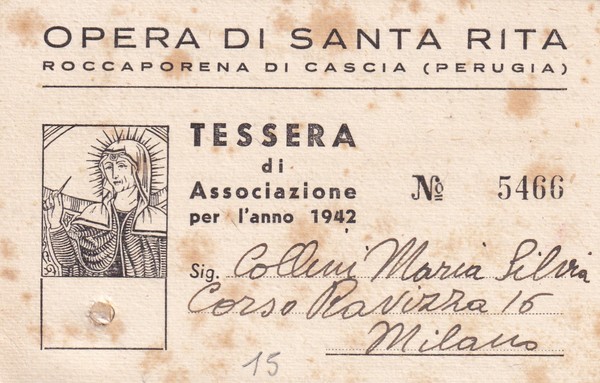 Tessera di associazione 1942 "Opera di Santa Rita - Roccaporena …