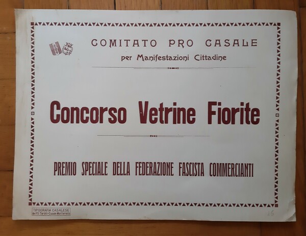 Attestato CONCORSO VETRINE FIORITE - Premio speciale della Federazione Fascista …