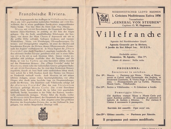 Programma NORDDEUTSCHER LLOYD BREMEN - Crociera Mediteranea Estiva 1936. Villefranche. …