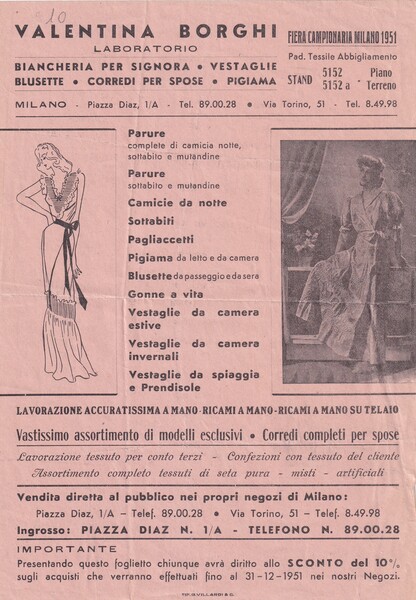 Volantino pubblicitario Laboratorio VALENTINA BORGHI - Fiera Campionaria Miano 1951 …