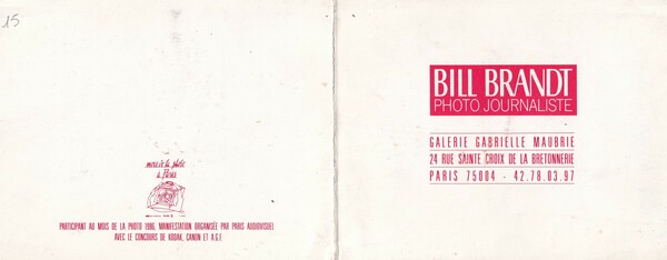 Invito mostra BILL BRANDT Photo Journaliste. Gallerie Gabrielle Maubrie - …
