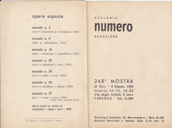 Invito mostra 248 PIERLUCA. Galleria NUMERO (Firenze). 1959 + Cartolina