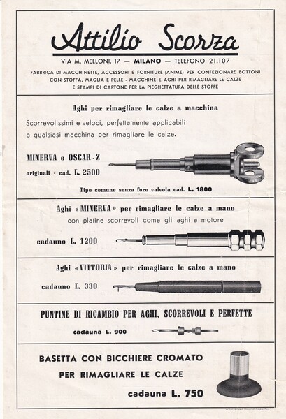 Volantino pubblicitario ATTILIO SCORZA - Milano (macchinette per confezionare bottoni, …