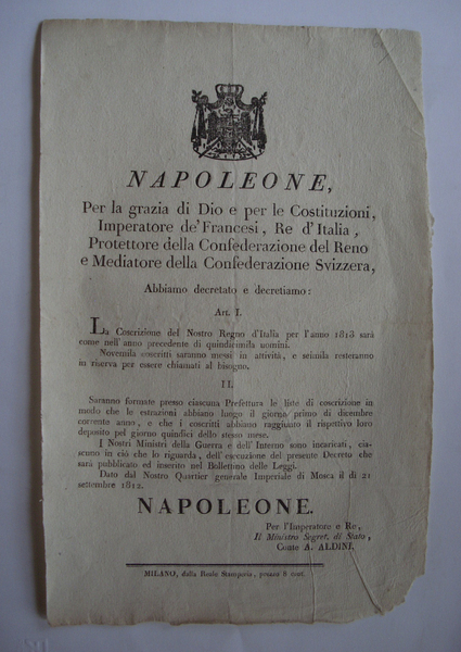 Grida Napoleonica Decreto per arrualamento uomini per l'esercito 1912