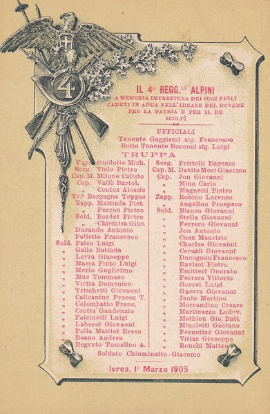 Cartolina Militare 4°Reggimento Alpini Ivrea 1905 - In memoria dei …