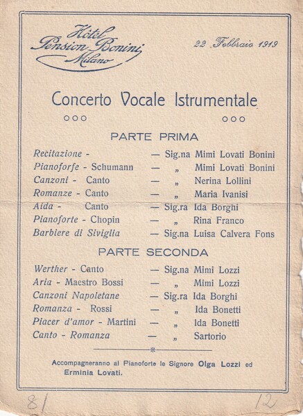 Programma"Concerto Vocale Istrumentale 1919" Hotel Pension BONINI - Milano