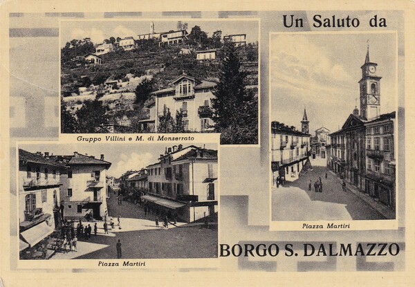 Cartolina Un saluto da Borgo San Dalmazzo (Cuneo). 1956