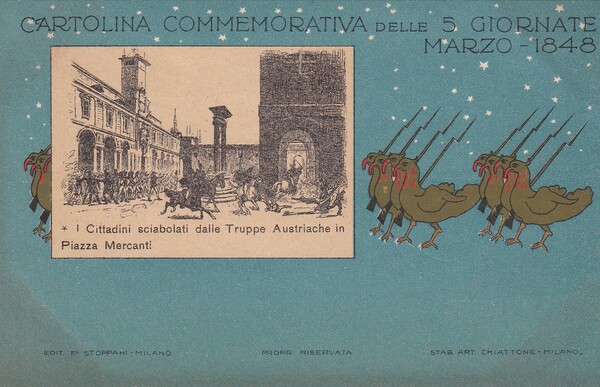 Cartolina commemorativa delle 5 giornate Marzo 1848. Piazza Mercanti.