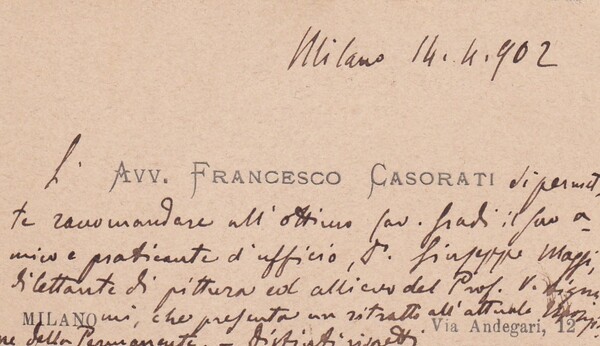 *Avv. Francesco Casorati - Milano. Biglietto da visita manoscritto 1902.