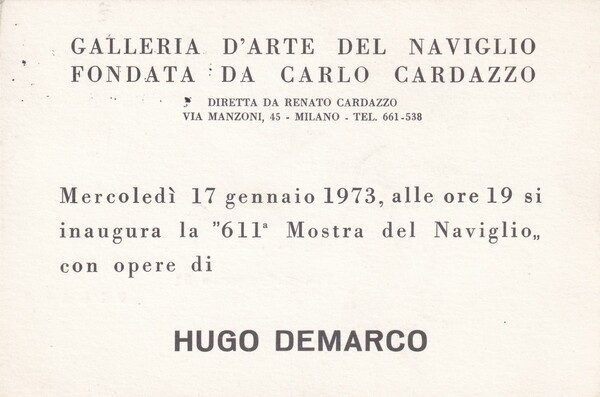 Cartolina/invito Mostra HUGO DEMARCO. Galleria d'Arte del Naviglio di Carlo …