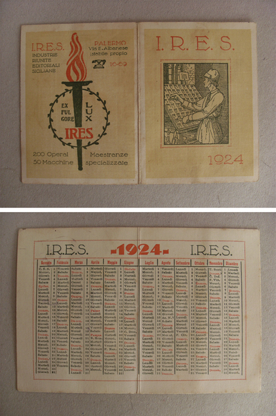 Calendario / calendarietto 1924 I.R.E.S. Industrie Riunite Editoriali Siciliane PALERMO