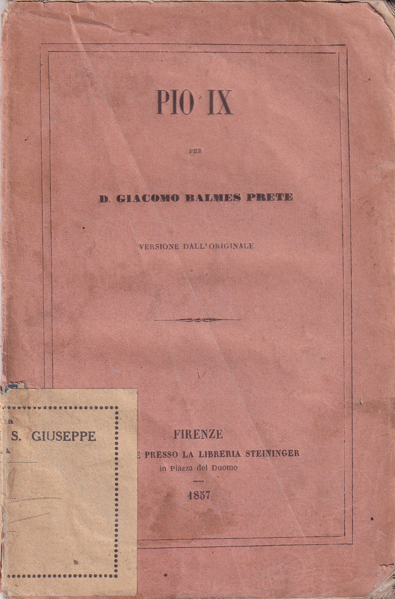 *Pio IX per Don Giacomo Balmes Prete. Versione dall'originale.