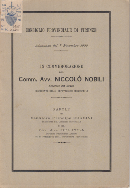 IN COMMEMORAZIONE DEL COMM. AVV. NICCOL NOBILI SENATORE DEL REGNO …