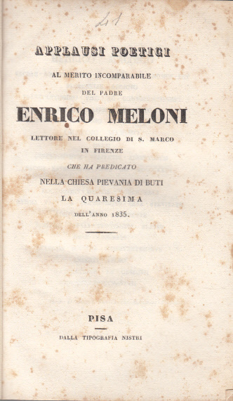 APPLAUSI POETICI AL MERITO INCOMPARABILE DEL PADRE ENRICO MELONI LETTORE …