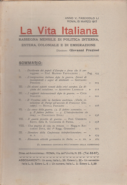 LA VITA ITALIANA RASSEGNA MENSILE DI POLITICA INTERNA ESTERA, COLONIALE …