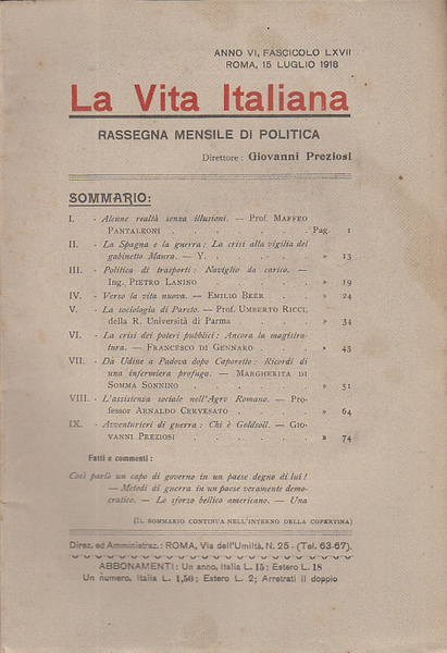 LA VITA ITALIANA RASSEGNA MENSILE DI POLITICA INTERNA ESTERA, COLONIALE …