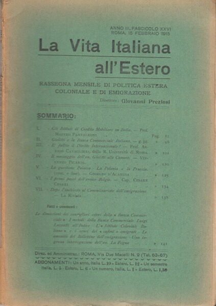 La Vita Italiana all'Estero Anno III Fascicolo XXVI Roma, 15 …