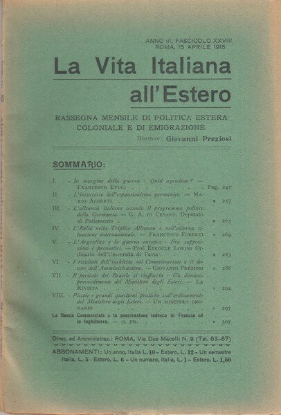 La Vita Italiana all'Estero Anno III Fascicolo XXVIII Roma, 15 …