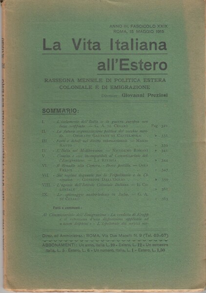 La Vita Italiana all'Estero Anno III Fascicolo XXIX Roma, 15 …