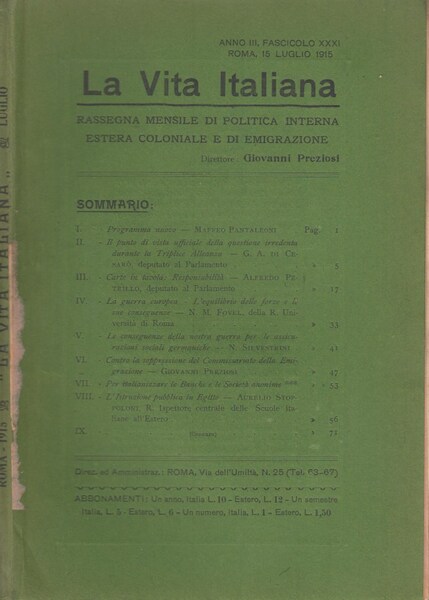 La Vita Italiana Anno III, Fascicolo XXXI Roma, 15 Luglio …