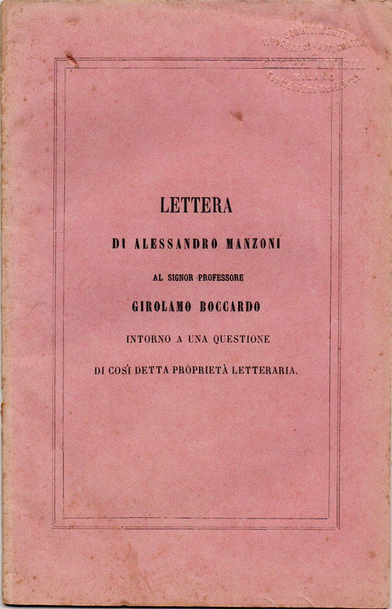 Lettera di Alessandro Manzoni al Signor Professore Girolamo Boccardo intorno …