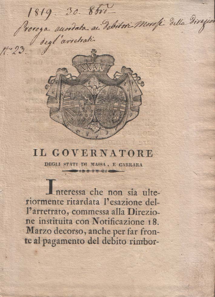 Notificazione relativa alla proroga accordata ai debitori della "Direzione dell'arretrato" …