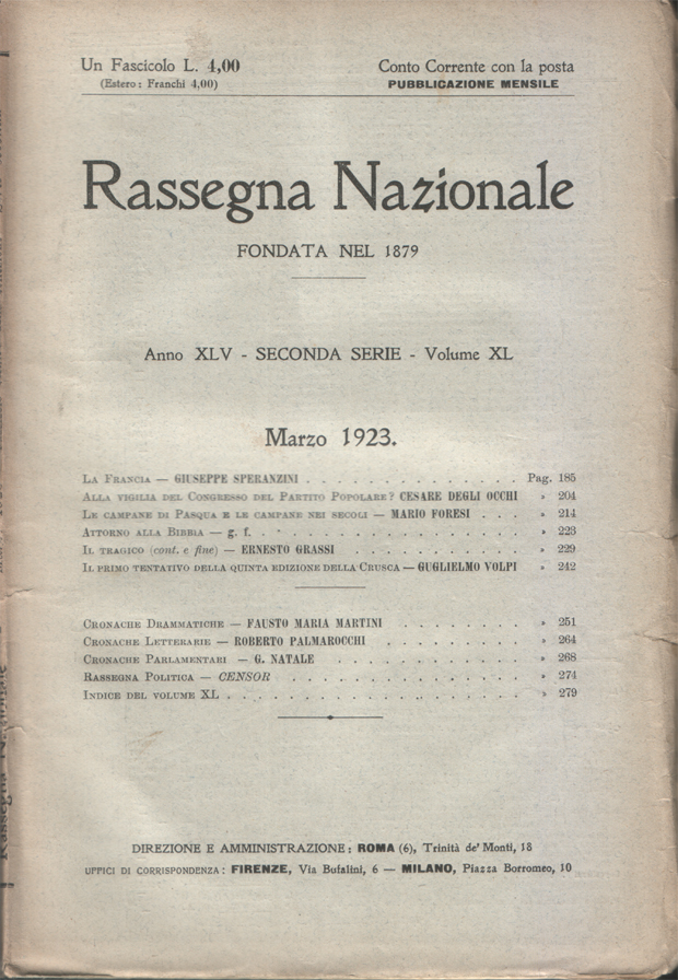 Rassegna Nazionale. Seconda serie, Anno XLV - Volume XL, Marzo …