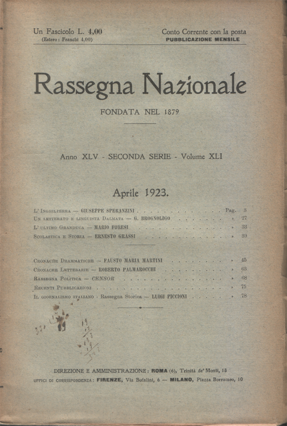 Rassegna Nazionale. Seconda serie, Anno XLV - Volume XLI, Aprile …