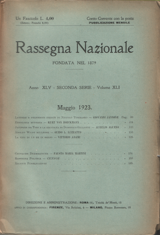 Rassegna Nazionale. Seconda serie, Anno XLV - Volume XLI, Maggio …