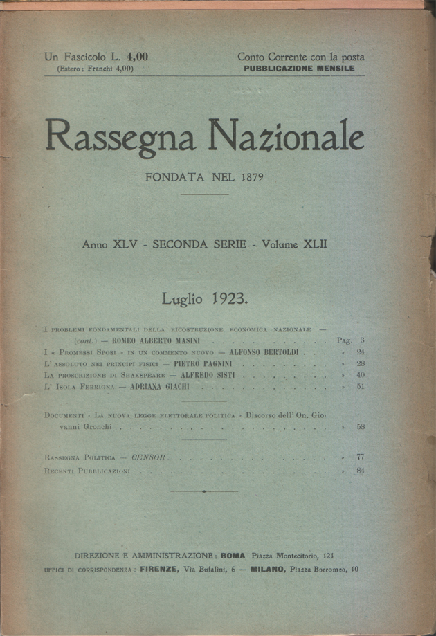 Rassegna Nazionale. Seconda serie, Anno XLV - Volume XLII, Luglio …