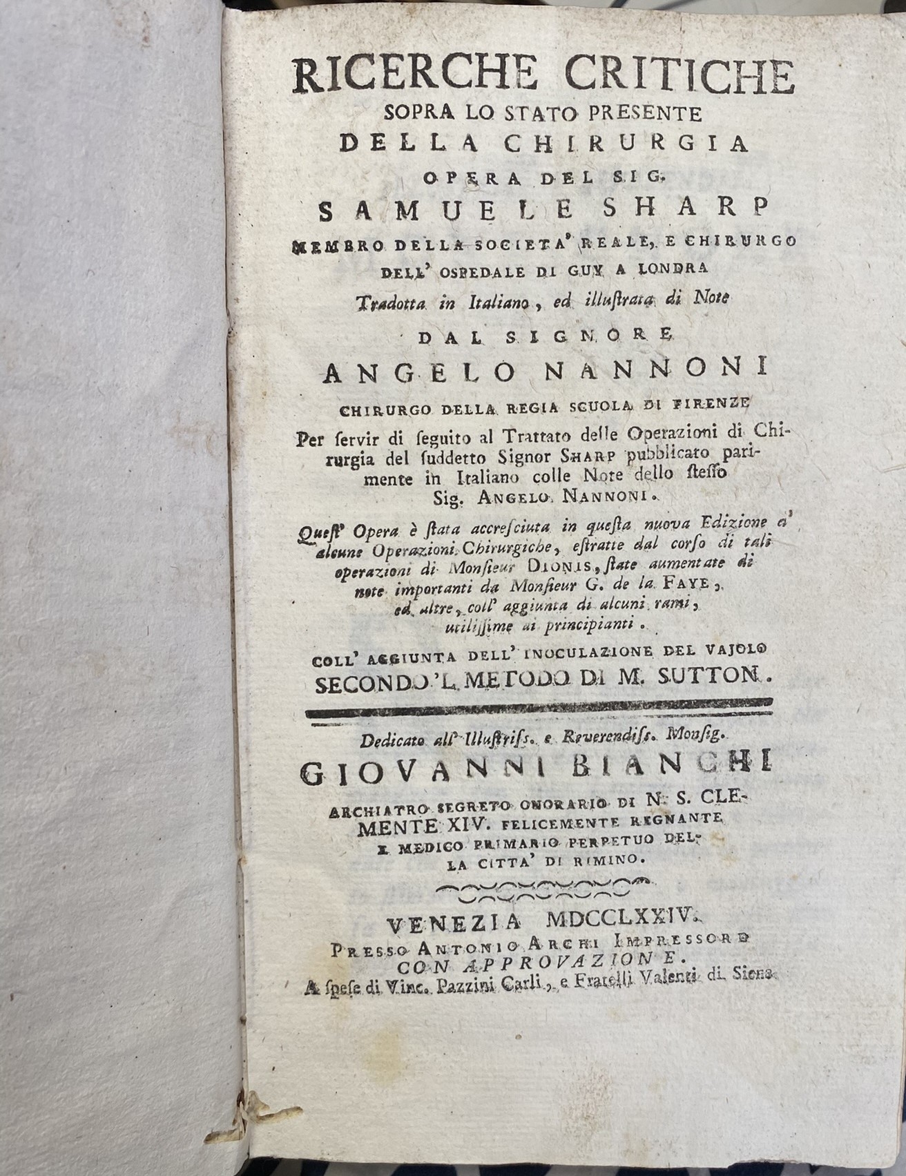 RICERCHE CRITICHE SOPRA LO STATO PRESENTE DELLA CHIRURGIA opera del …