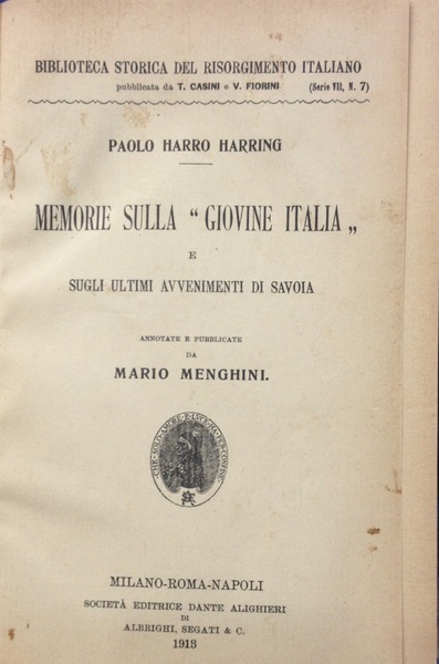 MEMORIE SULLA GIOVINE ITALIA E SUGLI ULTIMI AVVENIMENTI DI SAVOIA