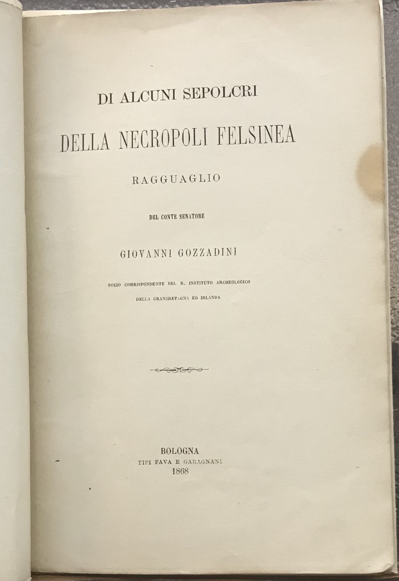 DI ALCUNI SEPOLCRI DELLA NECROPOLI FELSINEA; RAGGUAGLIO.