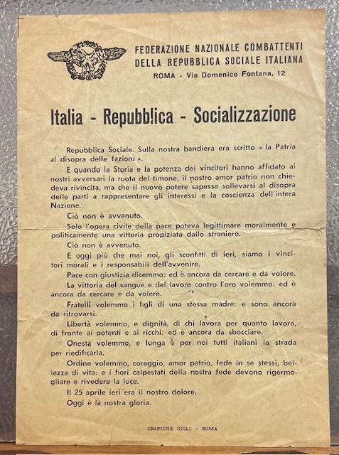 ITALIA-REPUBBLICA-SOCIALIZZAZIONE. Federazione Nazionale Combattenti della R.S.I.
