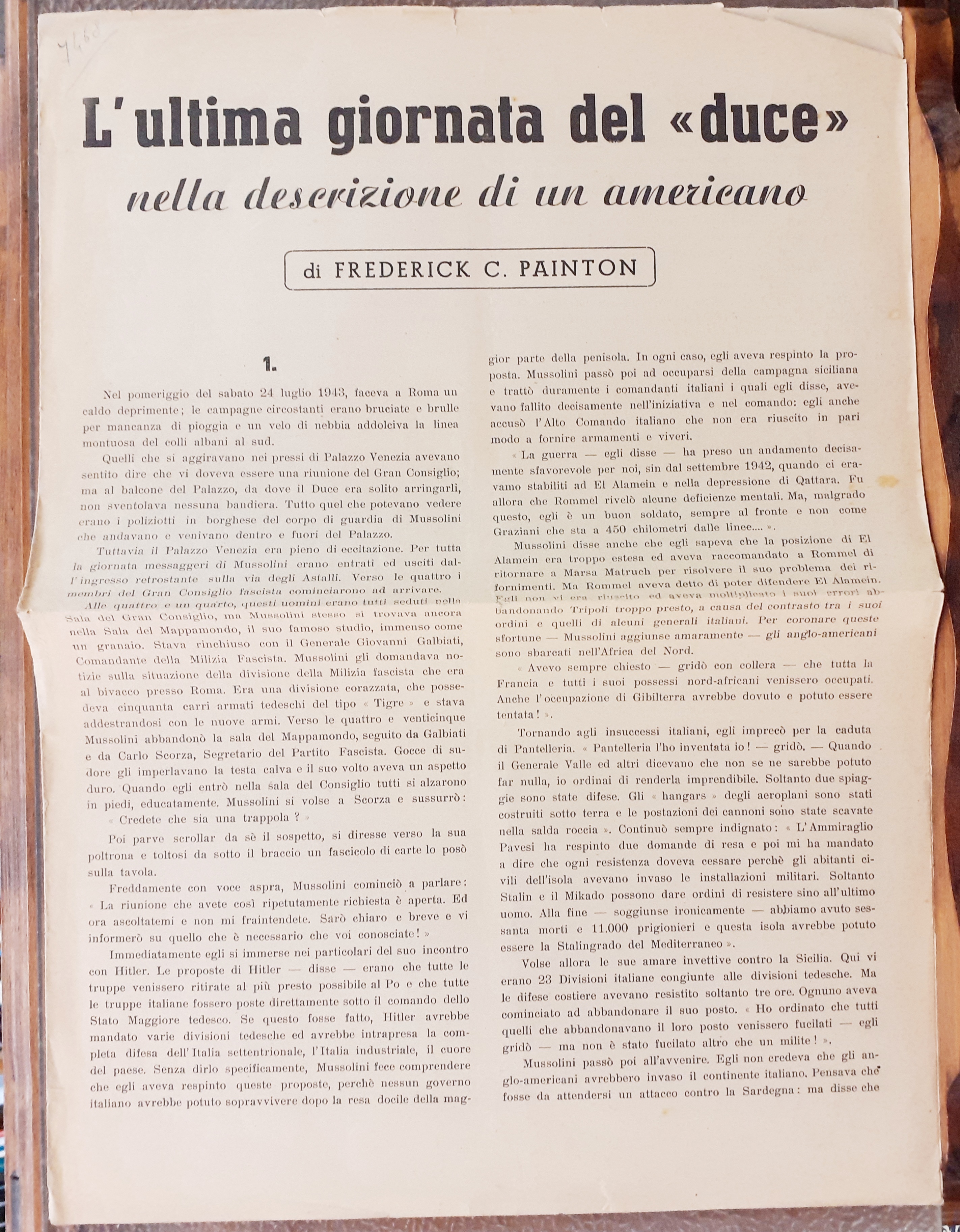 L'ULTIMA GIORNATA DEL "DUCE" NELLA DESCRIZIONE DI UN AMERICANO., Questo …