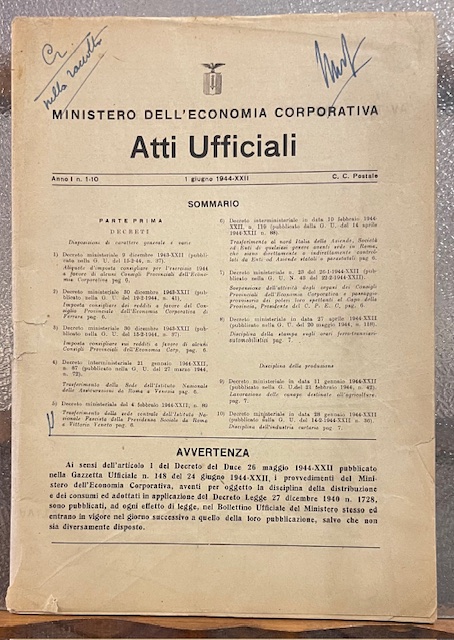 MINISTERO DELL'ECONOMIA CORPORATIVA: ATTI UFFICIALI.