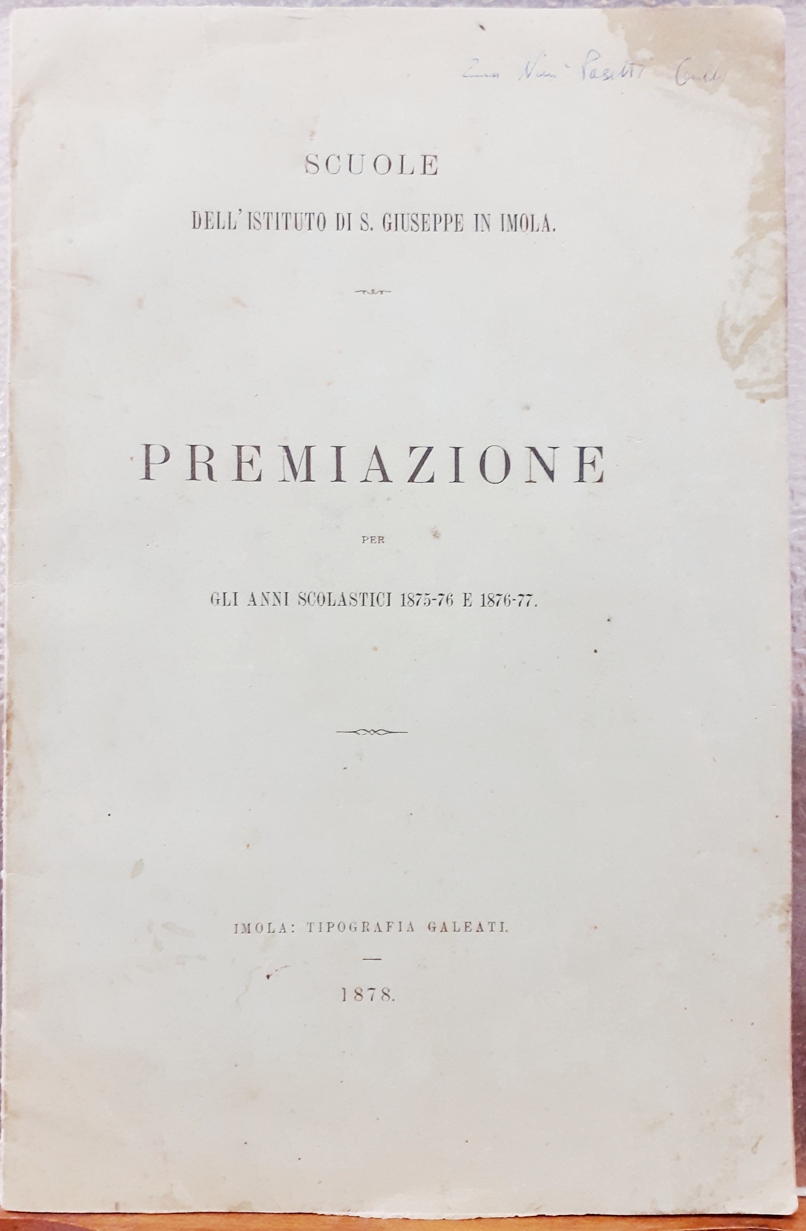 PREMIAZIONE DEGLI ANNI SCOLASTICI 1875 e 1876-77.,