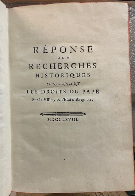 REPONSE AUX RECHERCHES HISTORIQUES CONCERNANT LES DROITS DU PAPE SUR …