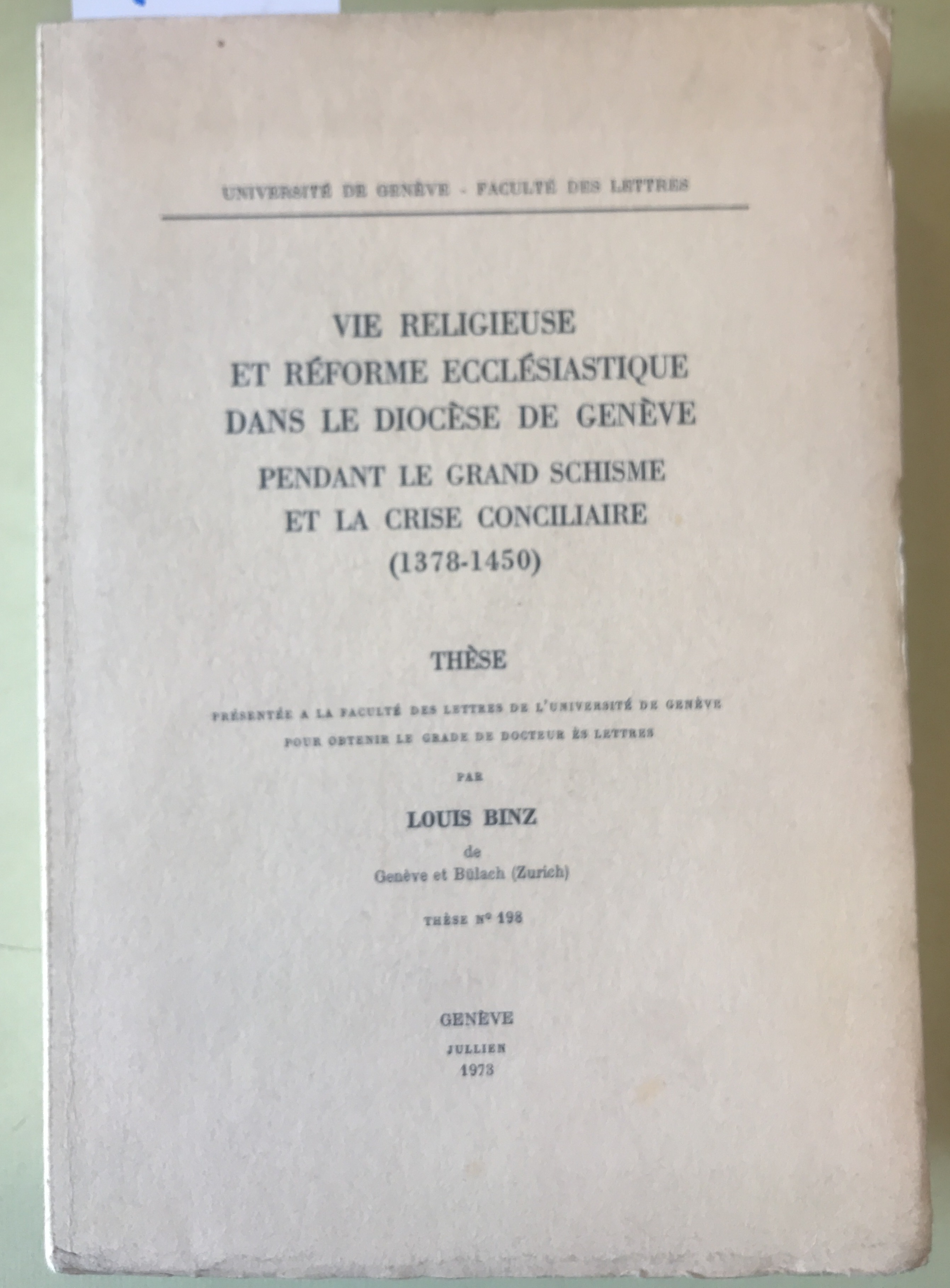 VIE RELIGIEUSE ET REFORME ECCLESIASTIQUE DANS LA DIOCESE DE GENEVE …