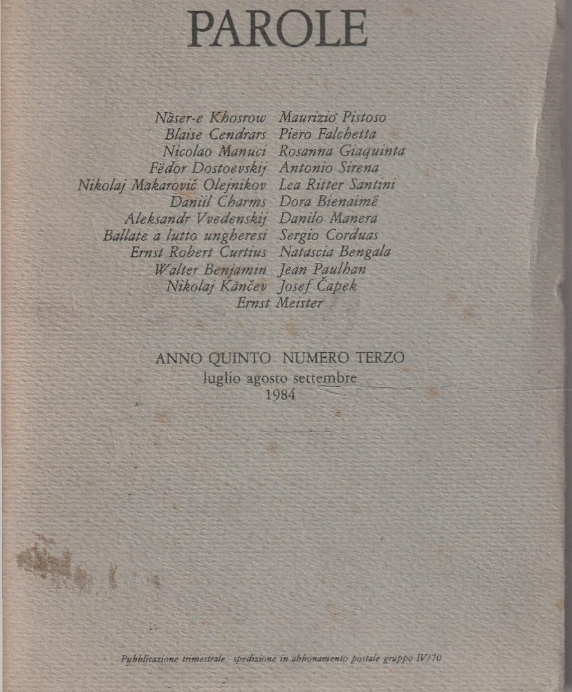 In forma di parole. Anno quinto numero terzo 1984