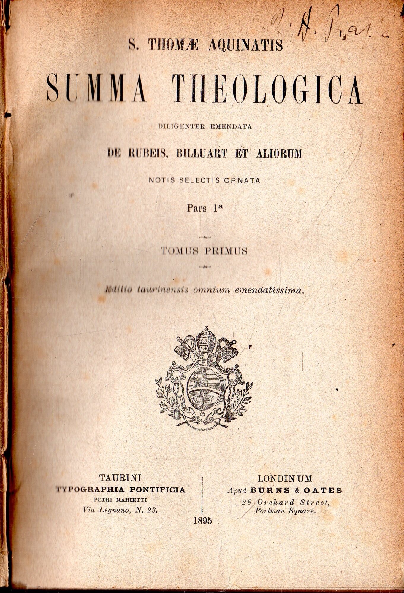 Summa Theologica diligenter emendata de rubeis, billuart et aliorum. Notis …
