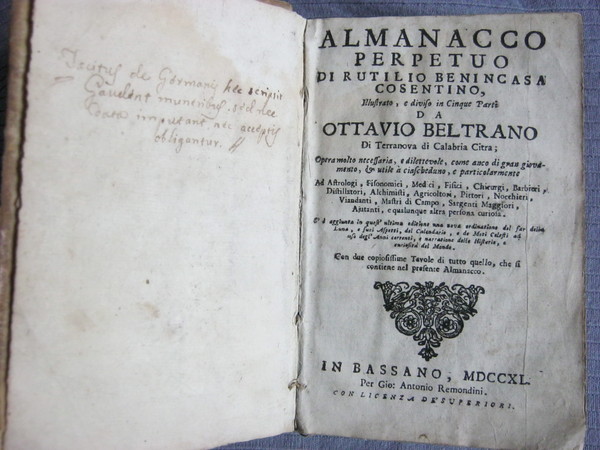 ALMANACCO PERPETUO, illustrato, e diviso in cinque parti.