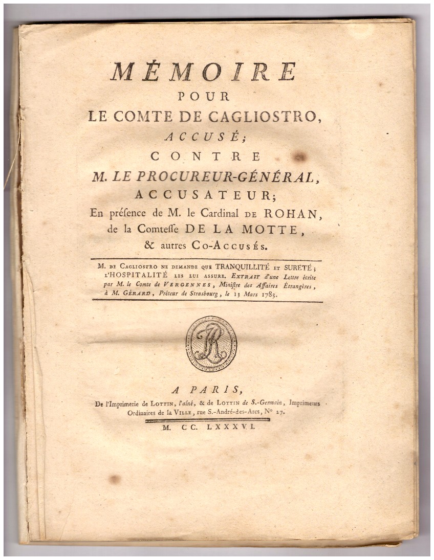 CAGLIOSTRO. PIÈCES DU PROCES, 1786 (Raccolta di documenti originali del …