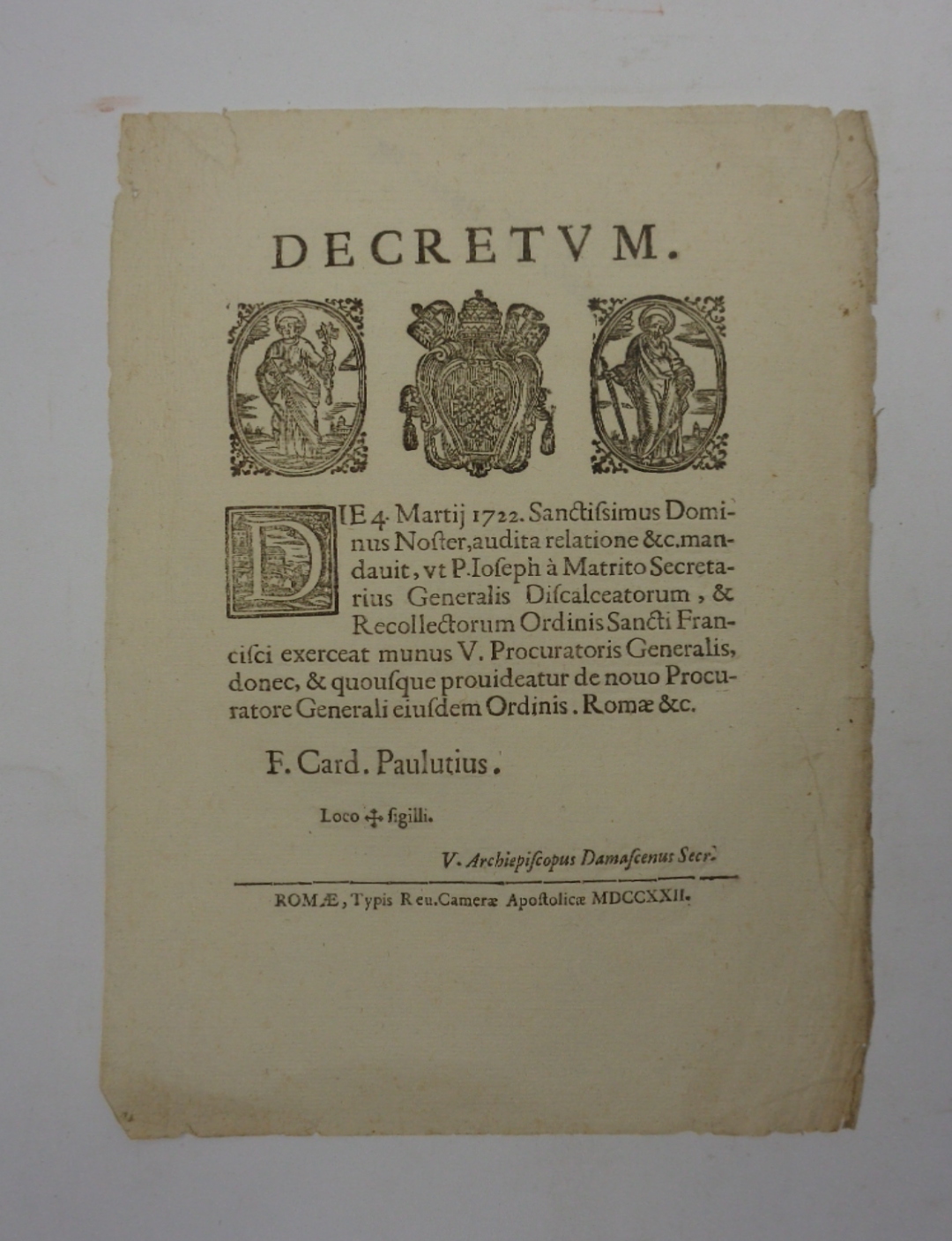 DECRETUM die 4 Martii 1722 .