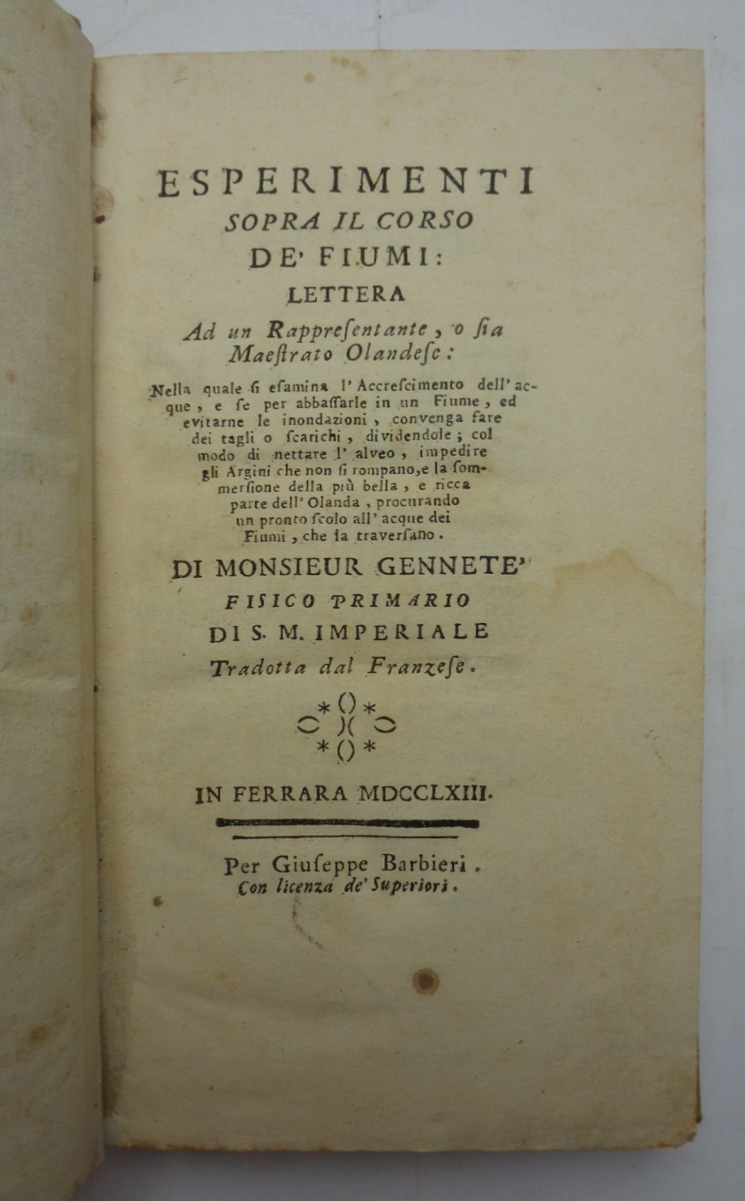 ESPERIMENTI SOPRA IL CORSO DE' FIUMI. Lettera.