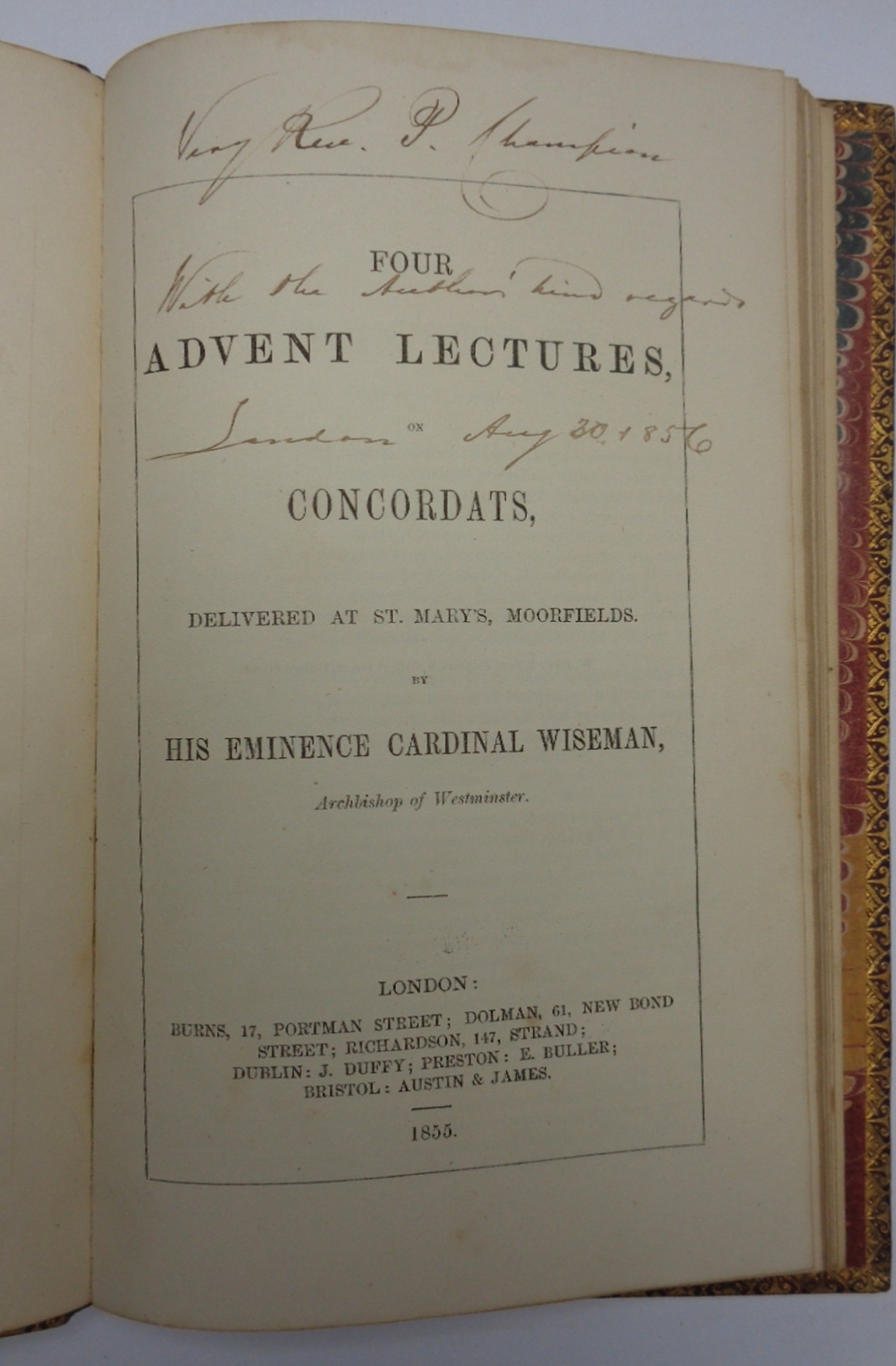 FOUR ADVENT LECTURES, ON CONCORDATS. (Invio autografo)