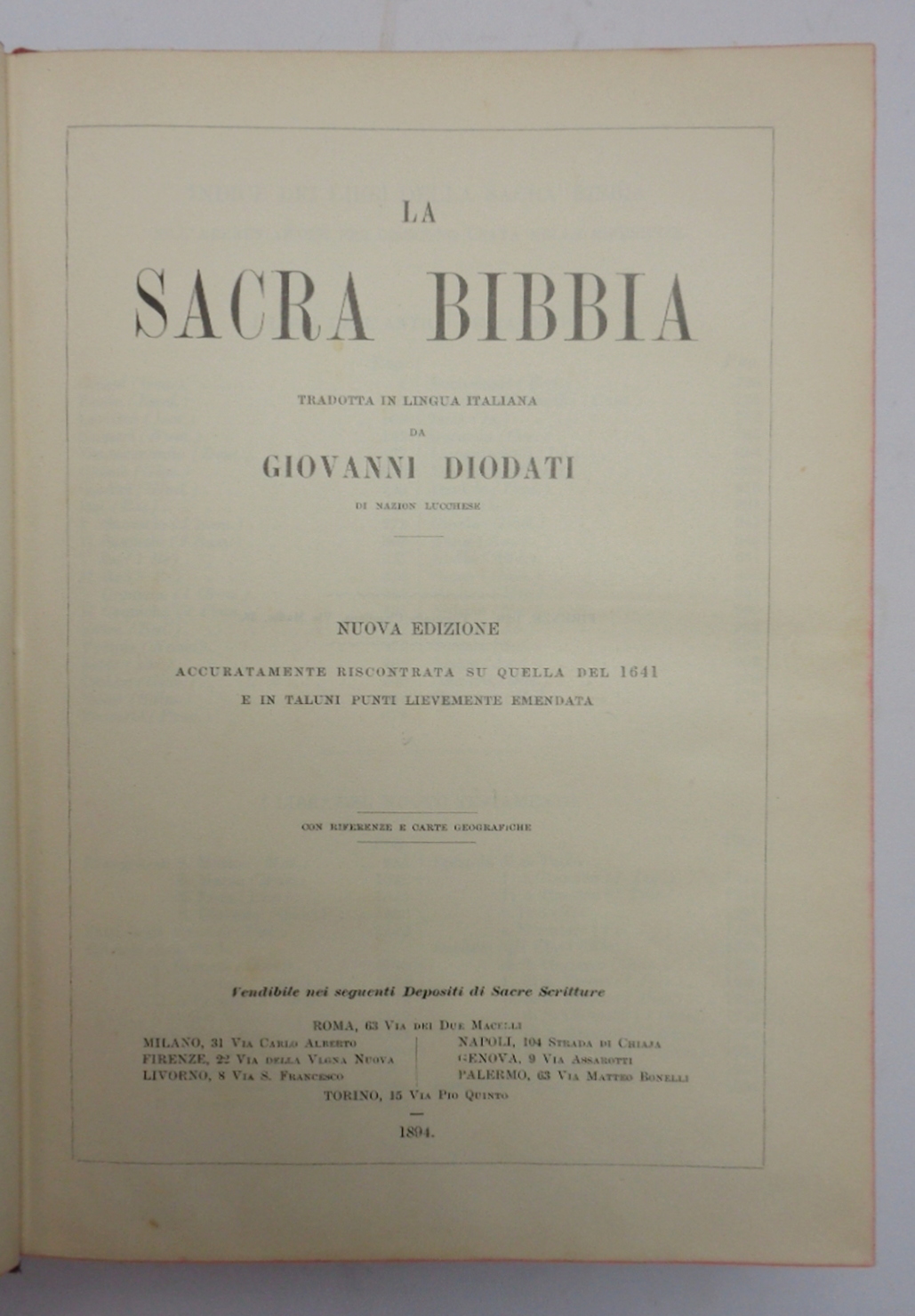 LA SACRA BIBBIA tradotta in lingua italiana da Giovanni Diodati …